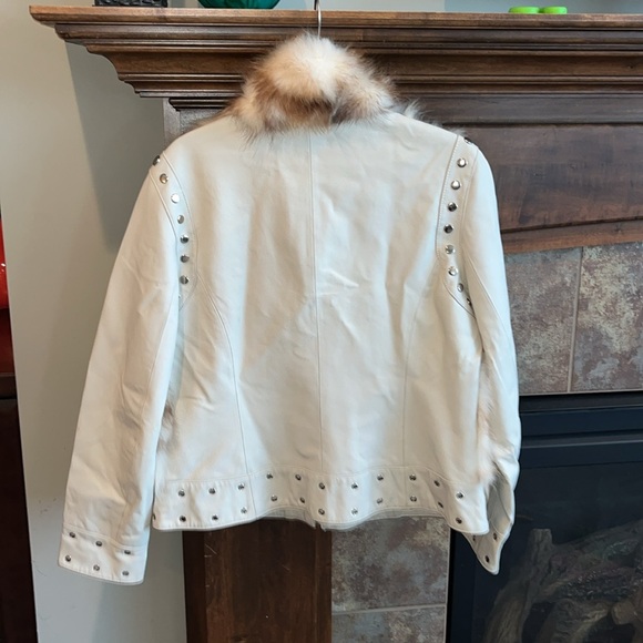 GORGEOUS Ivory genuine leather moto jacket coat fur trim studded sharif size L - Picture 17 of 17